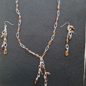 Amber Bead Silver-Tone Necklace & Dangle Earrings - Women Jewelry